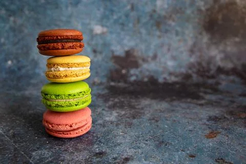Macaron Cakes Or Macaroon On Colored Background, Sweet And Colorful Stock Photos