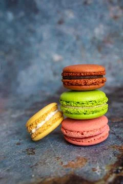 Macaron Cakes Or Macaroon On Colored Background, Sweet And Colorful Stock Photos