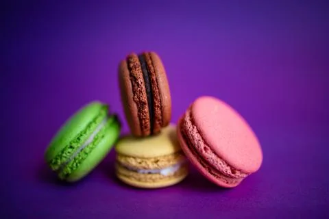 Macaron Cakes Or Macaroon On Colored Background, Sweet Stock-Fotos