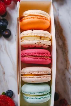 Macaron dessert, a box with colorful macarons lies on a marble style. Sweet.. 写真素材