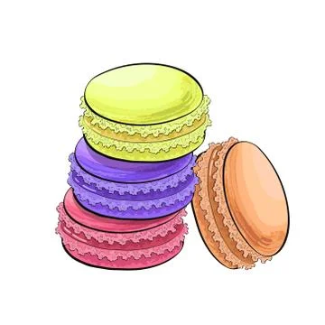 Macaron or macaroon biscuits cakes, sketch vector illustration isolated on wh Stock Illustration