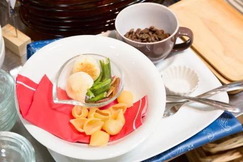 Macaroni and bread set  in white plate 写真素材
