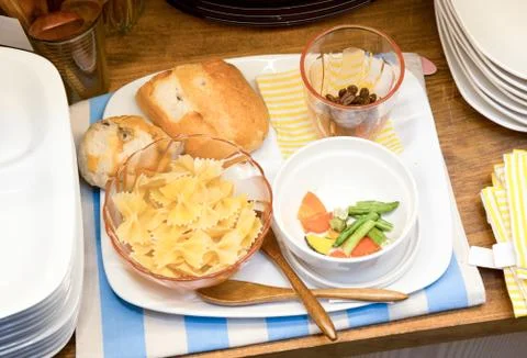 Macaroni and bread set  in white plate Stock-Fotos