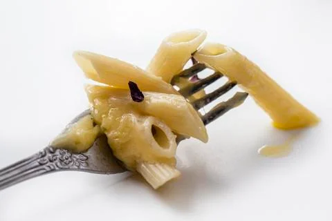 Macaroni with cheese on a fork close-up.Cooked Italian Pasta Stock Photos