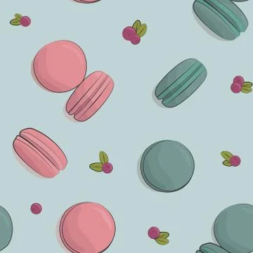 Macarons and cranberries pattern on a dusty blue background. Stock Illustration