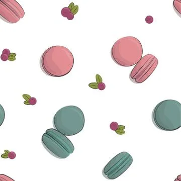 Macarons and cranberries pattern on a white background. Stock Illustration
