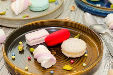 Macarons and marshmallows.Desserts Stock Photos