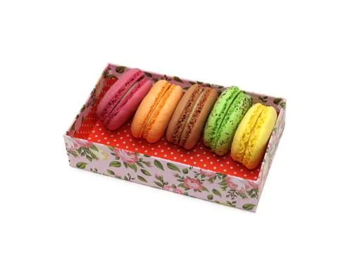 Macarons in box isolated on white background Foto stock