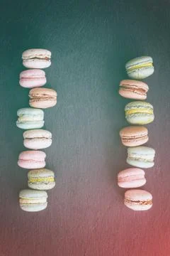 Macarons cake, top view flat lay, pattern macaroon, black background 스톡 사진