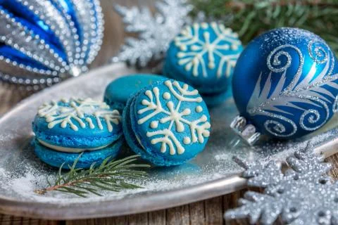 Macarons with Christmas decor. Stock Photos