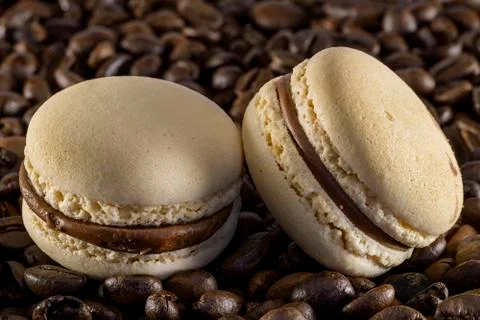Macarons on coffee beans Fotos Stock