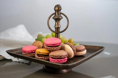 Macarons or French macaroon  sweet meringue-based confection made with egg .. 스톡 사진
