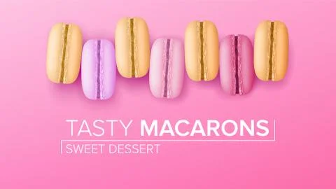 Macarons Set Vector. Top View. Colourful Sweet French Macaroons On Pink Stock Illustration
