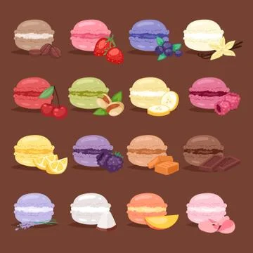 Macarons tasty cake set different colors macaroon s with fruit vector Stock Illustration