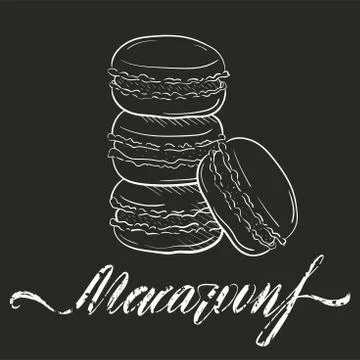 Macaroon cakes, vector illustration isolated on dark background sketch style Stock Illustration