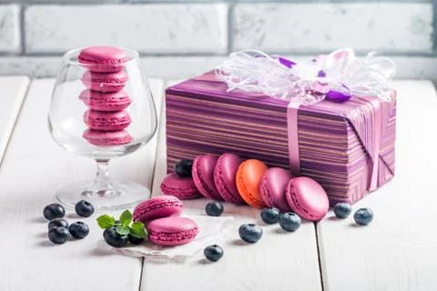 Macaroon with fresh  blueberries Stock Photos