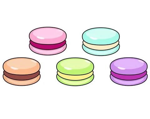 Macaroon set. Macaroon cakes of different colors - vector linear set of sweets. Stock Illustration
