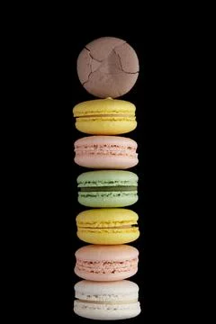 Macaroon. Stack of six colorful cake macaron with pastel tones and one cracke Stock Photos