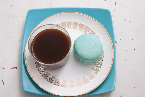 Macaroons and coffee Stock Photos