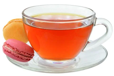 Macaroons and cup of black tea isolated Stock Photos