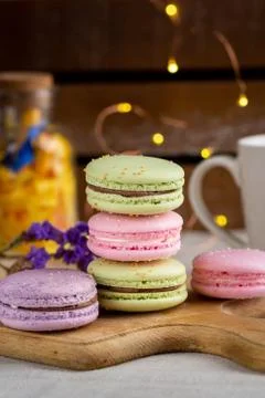 Macaroons and cup of coffee Stock Photos