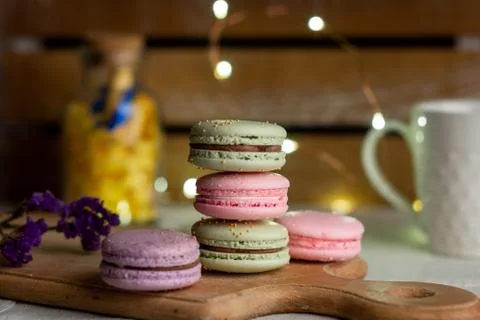 Macaroons and cup of coffee Stock Photos