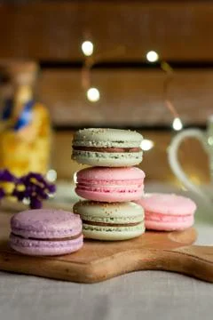 Macaroons and cup of coffee Stock Photos