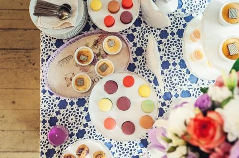 Macaroons Biscuits On White Stand Stock Photos