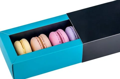 Macaroons in gift box front view Stock Photos