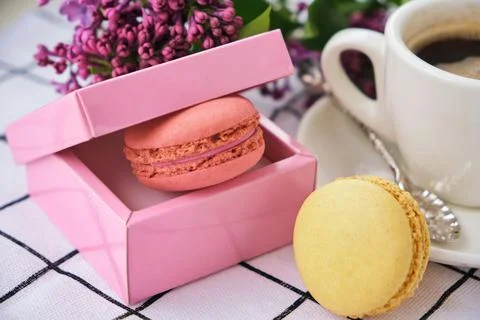 Macaroons on plate on a checkered tablecloth Stock Photos