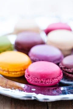 Macaroons on silver tray Stock Photos