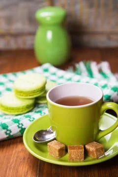 Macaroons with tea Stock Photos