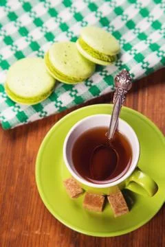 Macaroons with tea Stock Photos