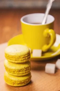 Macaroons with tea Stock Photos