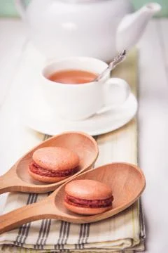 Macaroons with tea Stock Photos
