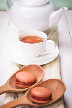 Macaroons with tea Stock Photos