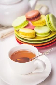 Macaroons with tea Stock Photos