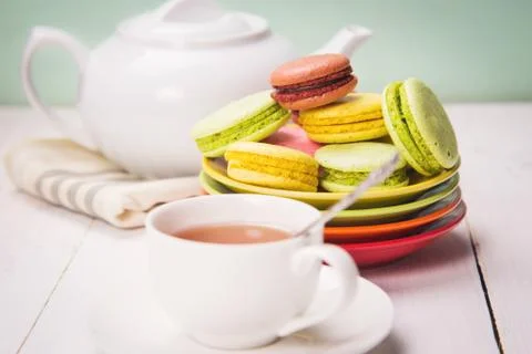Macaroons with tea Stock Photos