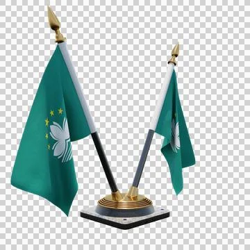 Macau 3d illustration flag on pole. Wood flagpole Stock Illustration