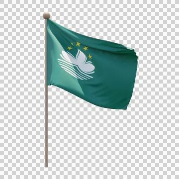 Macau 3d illustration flag on pole. Wood flagpole Illustrazione stock