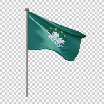 Macau 3d illustration flag on pole. Wood flagpole 库存插图
