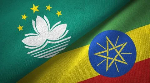 Macau and Ethiopia two flags textile cloth, fabric texture Stock Illustration