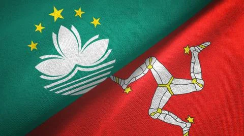 Macau and Isle of Mann two flags textile cloth, fabric texture Stock Illustration