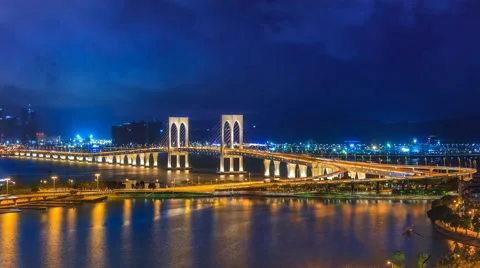 Macau Bridge Time Lapse Night Cityscape Of Macau City China (loop) Stock Footage 64715128