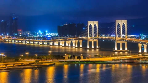 Macau Bridge Time Lapse Night Cityscape Of Macau City China (3 Shot) Stock Footage 64716089