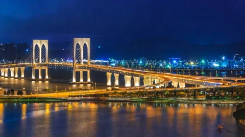 Macau Bridge Time Lapse Night Cityscape Of Macau City China (pan 2 Shot) Stock Footage 64716691