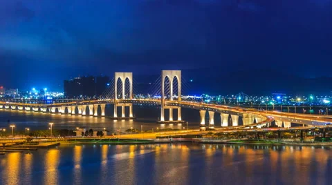 Macau Bridge Time Lapse Night Cityscape Of Macau City China (zoom 2 Shot) Stock Footage 64717316