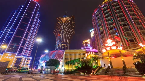 Macau China : Time Lapse Landmark Night Cityscape Casino And Hotels (tilt up) Video stock 63127971