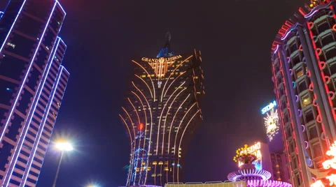 Macau China : Time Lapse Landmark Night Cityscape Casino And Hotels (zoom out) Stock Footage 63128113