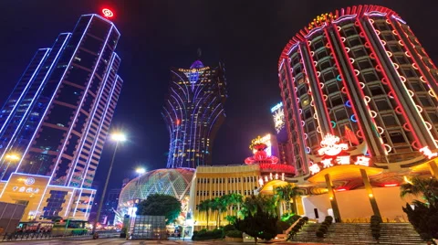 Macau China : Time Lapse Landmark Night Cityscape Casino And Hotels Stock Footage 63128261